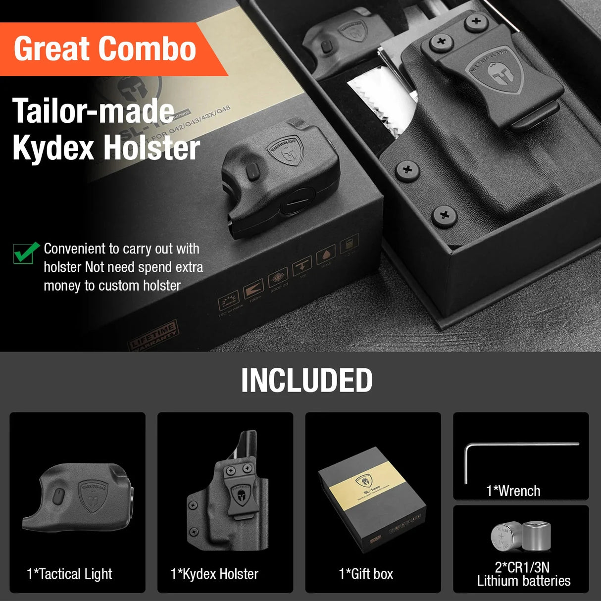 Warriorland Tactical Light + Holster Combo for Glk 17/19/21/22 Gen3-5 & G23/32 Gen4 (150 lumens)